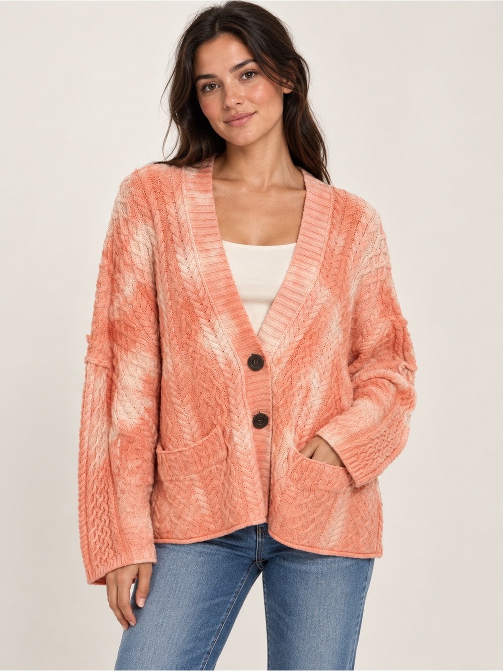 Free People Peach-Pink Cable Knit Button Cardigan
